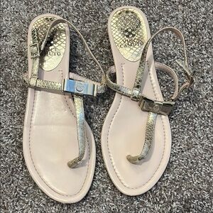 Vince Camuto Cream and Gold Sandals with Metallic Straps 1.25 inch